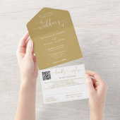 Elegante Gouden Hart Script QR Code Trouwdag All In One Uitnodiging (Afscheurbaar)