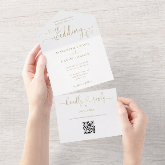Elegante Gouden Hart Script QR Code Trouwdag All In One Uitnodiging (Afscheurbaar)