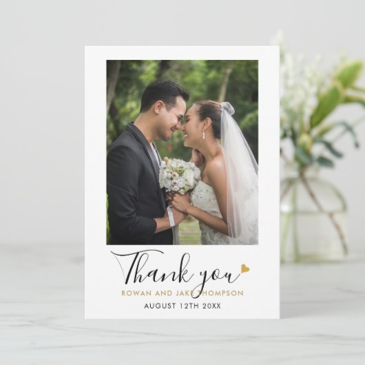 Elegante gouden hart script trouwfoto bedankkaart (Staand voorkant)