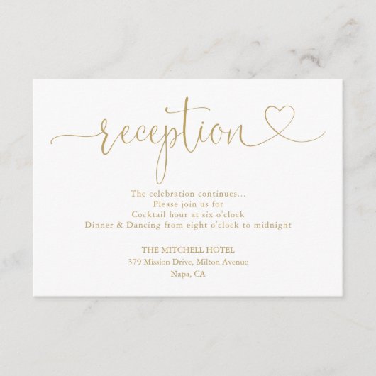 Elegante Gouden Hart Script Trouwreceptie Informatiekaartje (Voorkant)