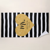 Elegante Gouden Hart Zwarte Strepen Net Getrouwd Strandlaken (Voorkant)