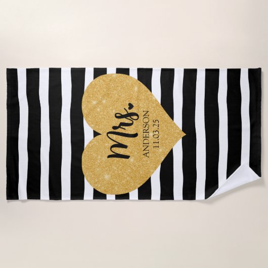 Elegante Gouden Hart Zwarte Strepen Net Getrouwd Strandlaken (Voorkant)