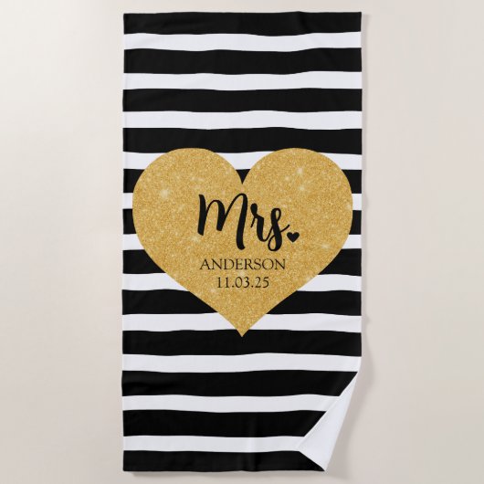 Elegante Gouden Hart Zwarte Strepen Net Getrouwd Strandlaken (Voorkant)