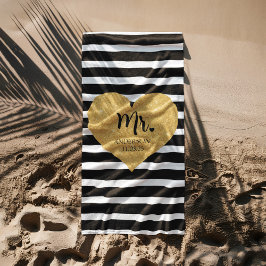 Elegante Gouden Hart Zwarte Strepen Net Getrouwd Strandlaken