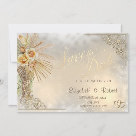 Elegante Gouden Harten Boho Bloemen Bewaar De Dat Save The Date (Voorkant)