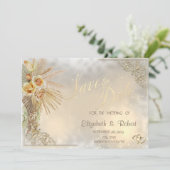 Elegante Gouden Harten Boho Bloemen Bewaar De Dat Save The Date (Staand voorkant)
