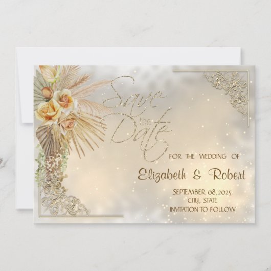 Elegante Gouden Harten Boho Bloemen Bewaar de Datu Save The Date (Voorkant)