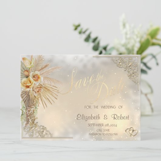 Elegante gouden harten Boho bloemen sparen de datu Save The Date (Staand voorkant)
