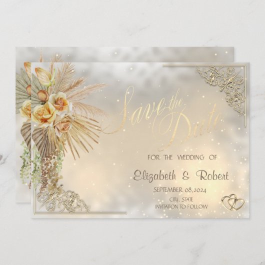 Elegante gouden harten Boho bloemen sparen de datu Save The Date (Voorkant / Achterkant)
