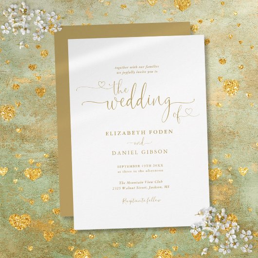 Elegante Gouden Harten Script Calligrafie Bruiloft Kaart