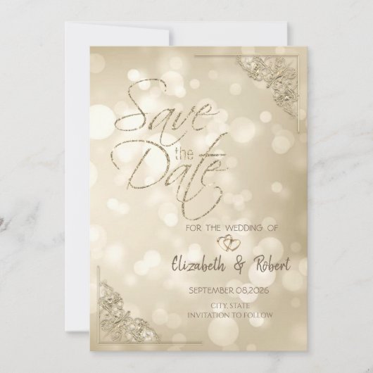 Elegante Gouden Hartjes Frame Bokeh Bewaar de Datu Save The Date (Voorkant)