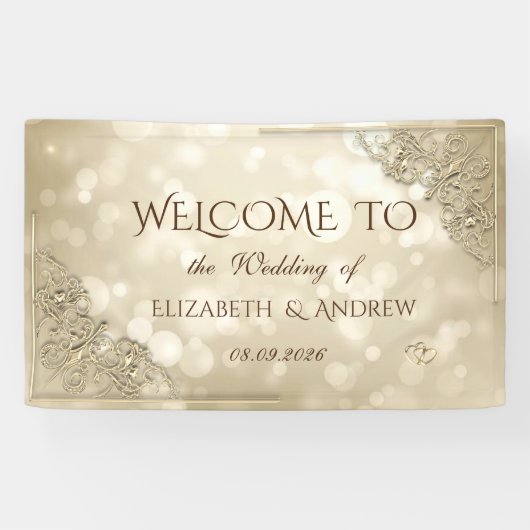 Elegante Gouden Hartjes Frame Bokeh Spandoek (Horizontaal)