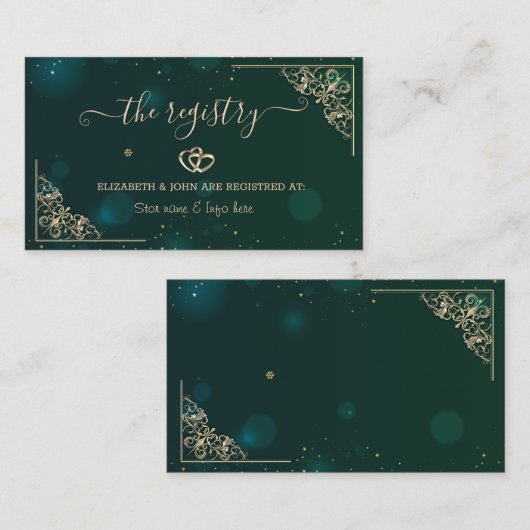 Elegante Gouden Hartjes Frame Groene Trouw Registr Informatiekaartje (Voorkant / Achterkant)