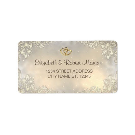 Elegante Gouden Hartjes Kant Bruiloft Etiket (Voorkant)