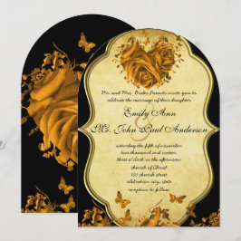 Elegante Gouden Hartrozen & Vlinders Bruiloft Kaart