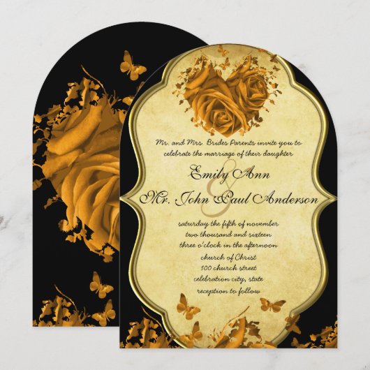 Elegante Gouden Hartrozen & Vlinders Bruiloft Kaart (Voorkant / Achterkant)
