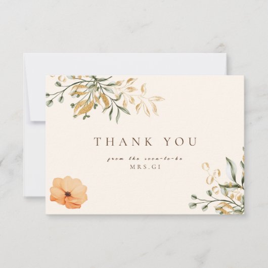 Elegante Gouden Herfst bloem Bruidsfeest Dank Je Bedankkaart (Voorkant)