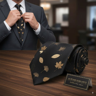 Elegante Gouden Herfstbladeren Zwarte Herfst Thema Stropdas