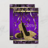 Elegante gouden hoge hak Paarse en gouden RSVP (Voorkant / Achterkant)