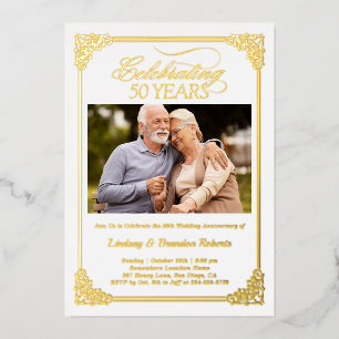 Elegante Gouden Huwelijksjubileum Foto 50 Jaar Get Folie Uitnodiging