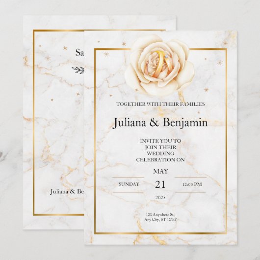 Elegante gouden huwelijksuitnodiging met bloemenac kaart (Voorkant / Achterkant)