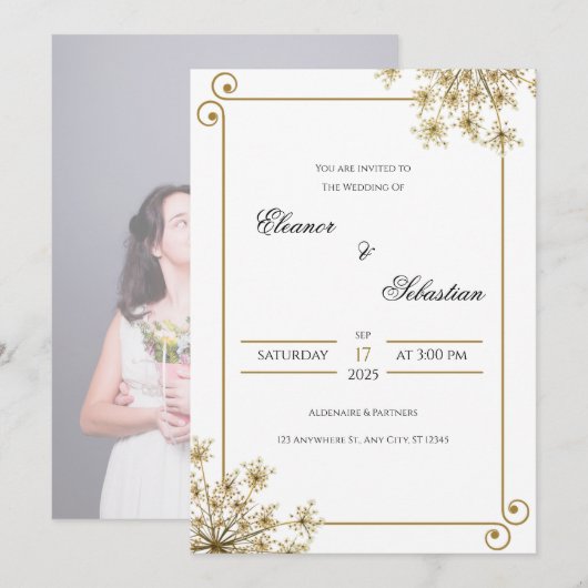 Elegante gouden huwelijksuitnodiging met bloemenac kaart (Voorkant / Achterkant)