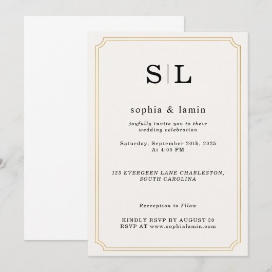 Elegante gouden huwelijksuitnodiging met monogram kaart (Voorkant / Achterkant)