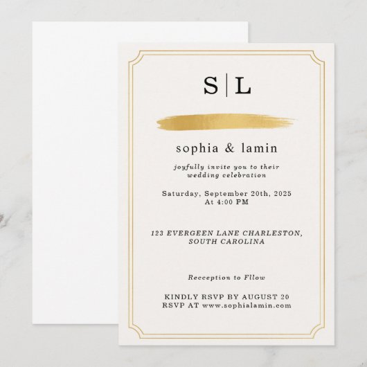 Elegante gouden huwelijksuitnodiging met monogram kaart (Voorkant / Achterkant)