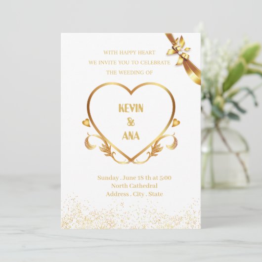 Elegante gouden huwelijksuitnodigingen met hart kaart (Staand voorkant)