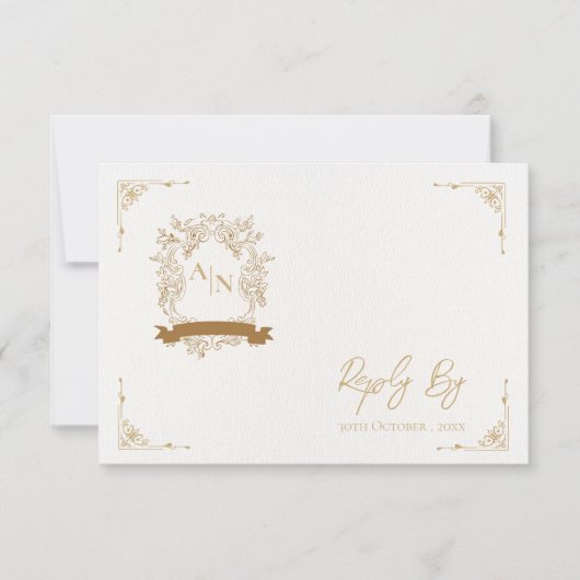 Elegante gouden  ingewikkelde monogram bruiloft RSVP kaartje (Voorkant)