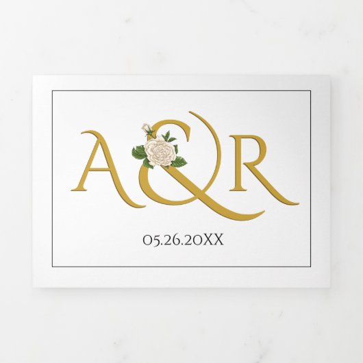 Elegante gouden initialen met ampersand, rozen bru drieluik uitnodiging (Cover)