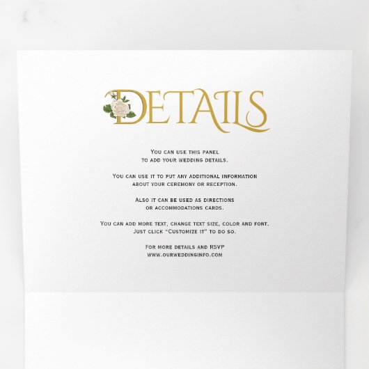 Elegante gouden initialen met ampersand, rozen bru drieluik uitnodiging (Binnenzijde eerst)