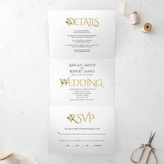 Elegante gouden initialen met ampersand, rozen bru drieluik uitnodiging (Binnen)