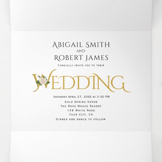 Elegante gouden initialen met ampersand, rozen bru drieluik uitnodiging (Binnenkant midden)