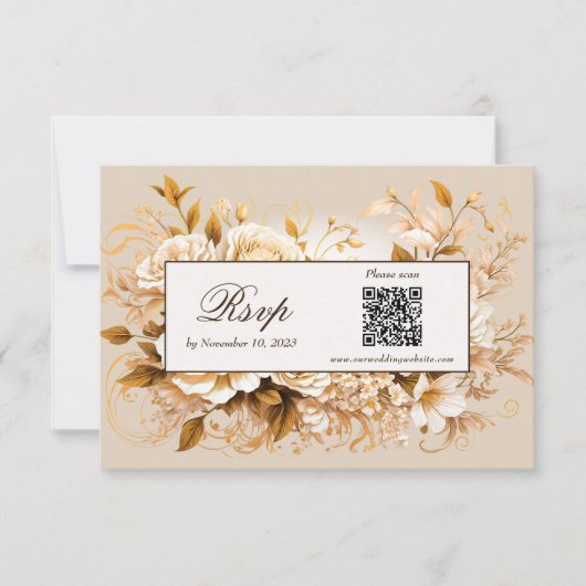 Elegante gouden & ivoor bloemencode QR-code RSVP-k RSVP Kaartje (Voorkant)