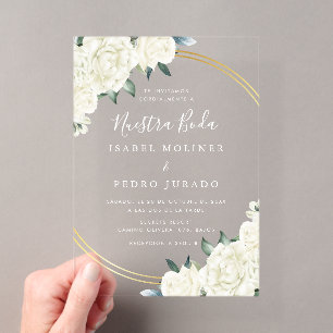 Elegante Gouden Ivoor Bloemstuk Nuestra Boda Bruil Acryl Uitnodigingen