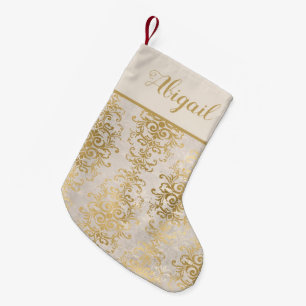Elegante Gouden Ivoorkleurige Damast Persoonlijke Kleine Kerstsok