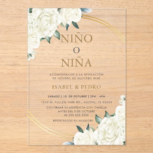 Elegante gouden ivoren bloem Spaans geslacht onthu Acryl Uitnodigingen (Voorkant)