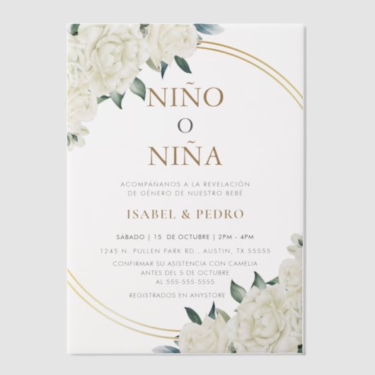 Elegante gouden ivoren bloem Spaans geslacht onthu Vellum Uitnodigingen (Voorkant)