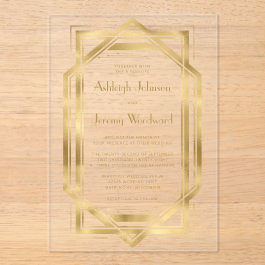 Elegante gouden jaren 1920 Deco Lijst bruiloft Acryl Uitnodigingen (Voorkant)