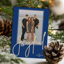 Elegante Gouden JOYFUL Script op Blauwe Foto Kerst