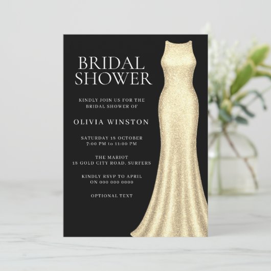Elegante gouden jurk & zwart Vrijgezellenfeest Kaart (Staand voorkant)