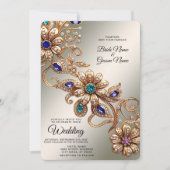Elegante gouden juweel bloemen bruiloft uitnodigin kaart (Voorkant)