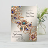 Elegante gouden juweel bloemen bruiloft uitnodigin kaart (Staand voorkant)