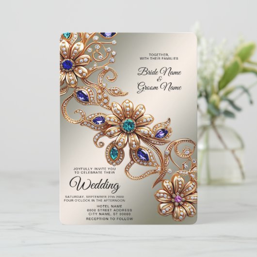 Elegante gouden juweel bloemen bruiloft uitnodigin kaart (Staand voorkant)