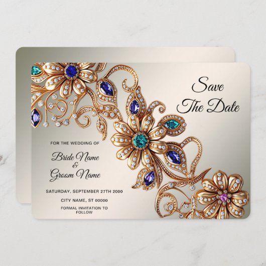 Elegante gouden juweelbloemen redden de datum save the date (Voorkant / Achterkant)