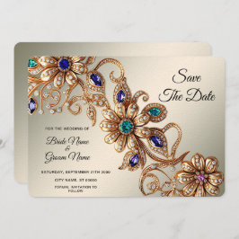 Elegante gouden juweelbloemen redden de datum save the date