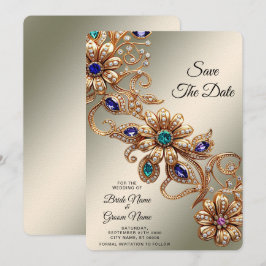 Elegante gouden juweelbloemen save the date