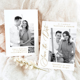 Elegante Gouden Kalligrafie 2 Foto QR Code Trouwen Save The Date