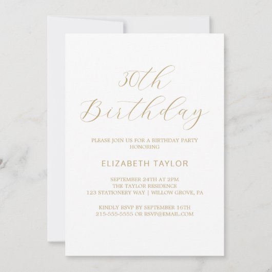 Elegante gouden kalligrafie 30e verjaardag uitnodi kaart (Voorkant)